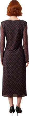 Kadın Ekose Desenli Bodycon Maxi Elbise V Yaka Uzun Kollu Tül Dokulu Bağlama Detaylı Kışlık Şıklık