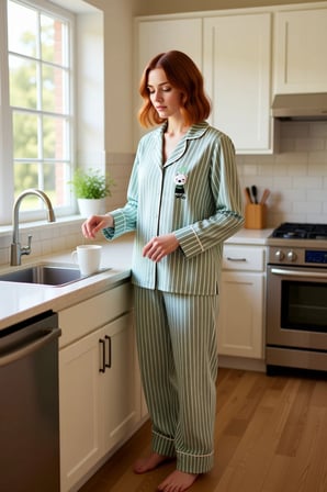 Kadın Gömlek Yaka Çizgili Pamuklu Pijama Takımı Penguen Detaylı Fonksiyonel Dayanıklı Spor