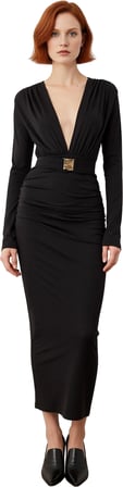 Kadın Bodycon Kesim Uzun Kollu V Yaka Midi Kemerli Şık Gece Davet Elbisesi Modern Tasarım Kaliteli