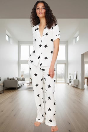 Rahat Viskoz Pijama Takımı Yıldız Desenli Shally Dokuma Geniş Paça Regular Kalıp