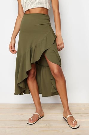 Moda Kruvaze Düz Desen Günlük Midi Boy Volanlı Kruvaze Kapama Midi Boy Dokuma Etek