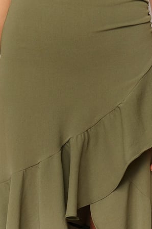 Moda Kruvaze Düz Desen Günlük Midi Boy Volanlı Kruvaze Kapama Midi Boy Dokuma Etek