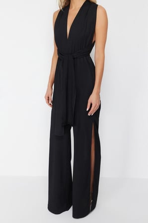 Kadın Moda Standart Kol Geniş Paça V Yaka Düz Desen Uzun Dokuma Sırt Dekolteli Tulum
