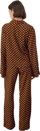 Tarz Rahat Uzun Kollu Boru Paça Kalp Desenli Bağlama Detaylı Viskon Dokuma Pijama Takımı