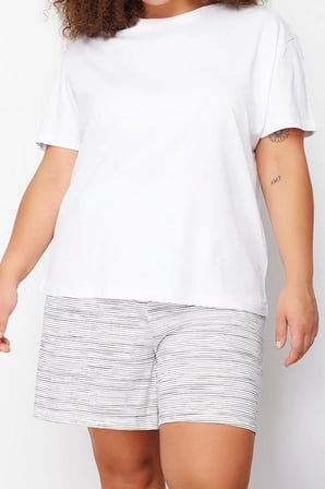 Tarz Rahat Büyük Beden Kısa Kollu Geniş Paça Ayıcık Baskılı Pamuklu Örme Pijama Takımı