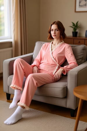 Kadın Somon Renk Fırfırlı Kruvaze Gömlek ve Pantolon Pijama Takımı Fonksiyonel Dayanıklı Şık