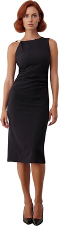 Kadınlara Özel Aksesuar Detaylı Bodycon Midi Elbise Gece Şıklığı Kolsuz Asimetrik Yaka Kaliteli