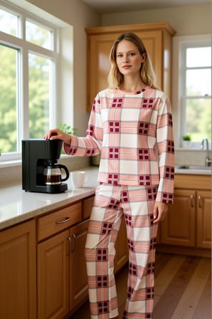 Kadın Ekose Desenli Uzun Kollu Pijama Takımı Fonksiyonel Dayanıklı Kaliteli Konforlu Rahat