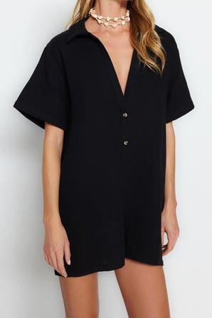 Kadın Moda Standart Kol Boru Paça Hakim Yaka Kısa Geniş Kalıp Dokuma Müslin %100 Pamuklu Tulum