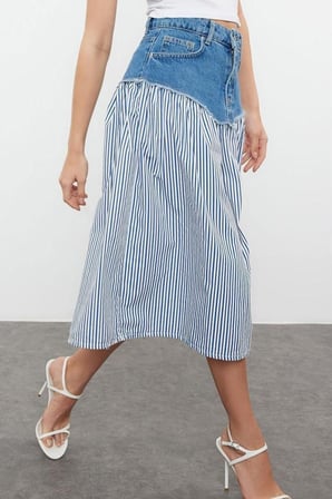 Moda Denim Düz Desen Günlük Midi Boy Renk Bloklu Yüksek Bel Midi Denim Etek