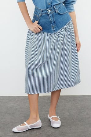 Moda Denim Düz Desen Günlük Midi Boy Renk Bloklu Yüksek Bel Midi Denim Etek