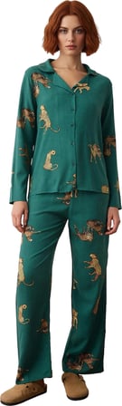 Viskon Dokuma Kaplan Baskılı Gömlek ve Pantolon Pijama Seti Fonksiyonel Dayanıklı Kaliteli