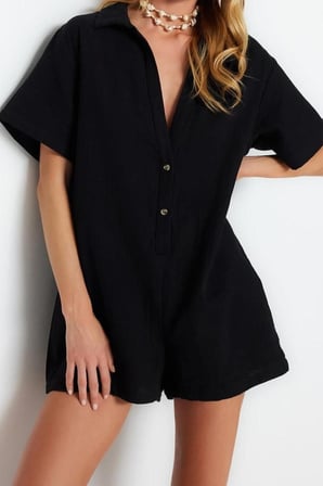Kadın Moda Standart Kol Boru Paça Hakim Yaka Kısa Geniş Kalıp Dokuma Müslin %100 Pamuklu Tulum
