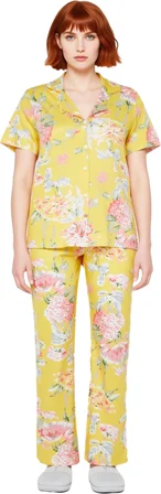 Kadın Çiçekli Örme Pijama Takımı Gömlek Yaka Fonksiyonel Dayanıklı Kaliteli Konforlu Rahat