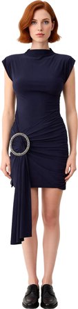 Kadın Fashion Forward Bodycon Bisiklet Yaka Kısa Kol Aksesuar Detaylı Mini Kokteyl Elbise Kaliteli