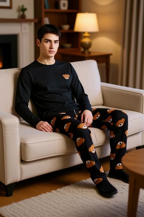 Ayıcık Baskılı Uzun Kollu Pijama Takımı Erkek Fonksiyonel Dayanıklı Kaliteli Konforlu Spor