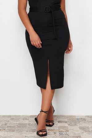Moda Büyük Beden Regular Düz Desen Günlük Midi Boy Yırtmaç Detaylı Kemerli Midi Örme Etek