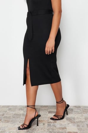 Moda Büyük Beden Regular Düz Desen Günlük Midi Boy Yırtmaç Detaylı Kemerli Midi Örme Etek