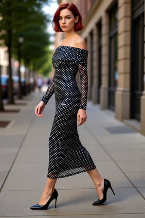 Kadın Fashion Forward Stilde Balık Siluet Uzun Kollu Puantiyeli Tül Abiye Elbise Kış Akşamları.