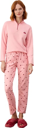 Kadın Kiraz Desenli Fermuarlı Waffle Pijama Takımı Fonksiyonel Dayanıklı Kaliteli Konforlu