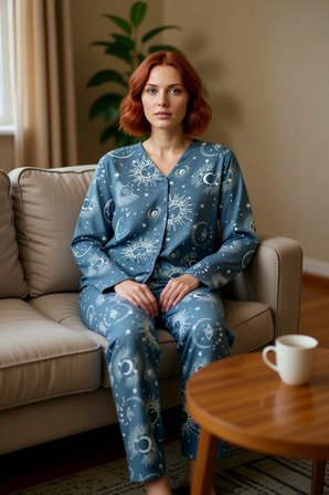 Kadın Uzun Kollu Galaksi Desenli Pijama Takımı Fonksiyonel Dayanıklı Kaliteli Konforlu Şık