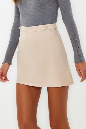 Moda A-line Düz Desen Günlük Mini Boy i Önden Düğme Detaylı A-line Düz Kesim Mini Boy Dokuma Etek