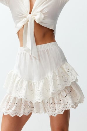 Moda Regular Düz Desen Plaj Mini Boy Bridal Beyaz Mini Dokuma Fırfırlı %100 Pamuklu Etek