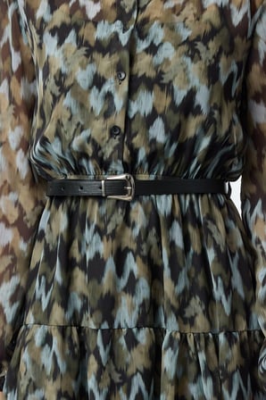 Moda Regular Gömlek Yaka Mini Boy Kemerli Eteği Belden Açılan Astarlı Şifon Dokuma Kışlık Elbise