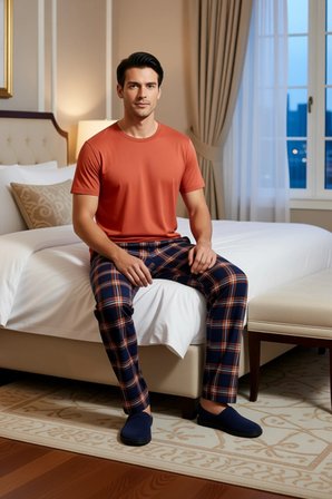 Erkek Kiremit ve Ekose Pijama Kombin Fonksiyonel Dayanıklı Kaliteli Konforlu Estetik Rahat