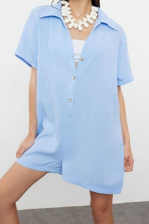 Kadın Moda Standart Kol Boru Paça Hakim Yaka Kısa Geniş Kalıp Dokuma Müslin %100 Pamuklu Tulum