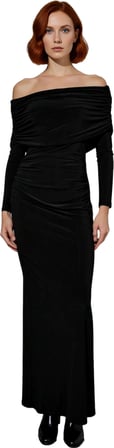 Kadın Şık Bodycon Kahverengi Uzun Kol Maxi Elbise Carmen Yaka ile Gece Davetleri İçin Kaliteli