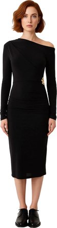 Kadın Siyah Bodycon Siluet Asimetrik Yaka Uzun Kollu Elbise Sandy Dokuma Şık Akşam Kıyafeti