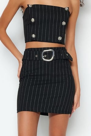 Moda Fitted Çizgili Desen Şık Gece Mini Boy Kemerli Dokuma Parıltılı Çizgili Etek
