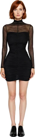 Kadın Siyah Bodycon Dik Yaka Büzgü Detaylı Uzun Kollu Tül Astarlı Gece Elbisesi Özel Günler İçin