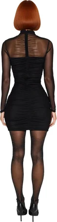 Kadın Siyah Bodycon Dik Yaka Büzgü Detaylı Uzun Kollu Tül Astarlı Gece Elbisesi Özel Günler İçin