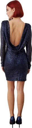 Kadın Kayık Yaka Lacivert Payetli Bodycon Siluet Mini Gece Elbisesi Uzun Kollu Mezuniyet Balo