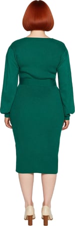 Kadın Midi Boy Bodycon Triko Elbise Kare Yaka Balon Kol Kuşaklı Fitilli Şık Kışlık Tasarım