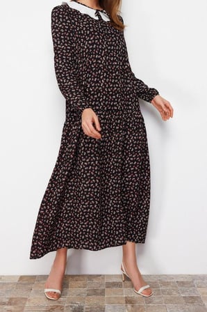 Moda Regular Casual Günlük Belmando Dokuma V Yaka Uzun Kol A-Line Midi Boy Tesettür Elbise