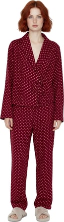 Tarz Rahat Uzun Kollu Boru Paça Kalp Desenli Bağlama Detaylı Viskon Dokuma Pijama Takımı