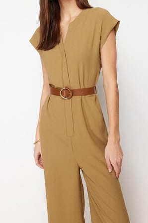 Kadın Moda Standart Kol Geniş Paça Bisiklet Yaka Uzun Kemerli Kruvaze Yaka Kolsuz Maxi Dokuma Tulum