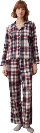 Kadın Flanel Ekose Pijama Takımı Gömlek Yaka Uzun Kollu Fonksiyonel Dayanıklı Kaliteli Şık
