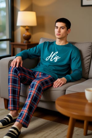 Erkek Kareli Pijama Takımı Bisiklet Yaka Sweatshirt Pantolon Fonksiyonel Dayanıklı Estetik