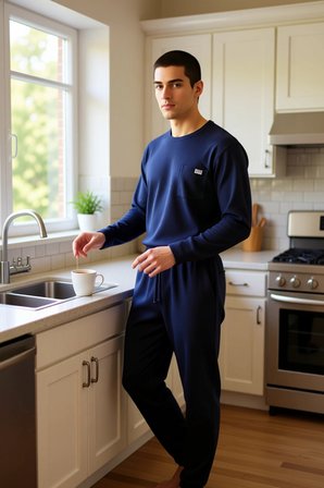 Erkek Kaşkorse Kumaşlı Bisiklet Yaka Sweatshirt ve Pantolon Ev Giyim Seti Fonksiyonel Spor