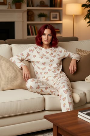 Kadın Kalpli Desenli Pijama Takımı Bisiklet Yaka Fonksiyonel Dayanıklı Kaliteli Konforlu Şık