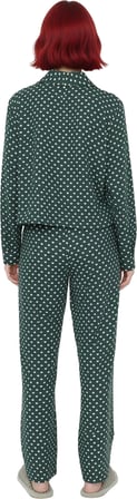 Tarz Rahat Uzun Kollu Boru Paça Kalp Desenli Bağlama Detaylı Viskon Dokuma Pijama Takımı