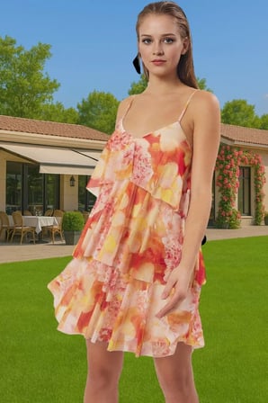 Çiçek Desenli Tül Mini Abiye Elbise Astarlı V Yaka Skater Rahat Ve Şık Modern Stil Modern Stil