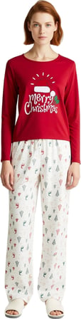 Kadin Kirmizi Yılbaşı Desenli Pamuk Polyester Pijama Fonksiyonel Dayanıklı Kaliteli Modern