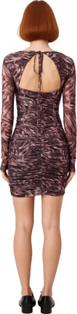 Kadın Astarlı Tül Örme Bodycon Elbise Kalp Yaka Uzun Kollu Animal Desenli Mini Şıklık Kaliteli