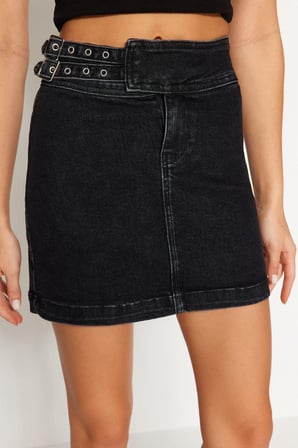 Moda Denim Düz Desen Günlük Mini Boy Aksesuar Detaylı Mini Normal Bel Denim Etek