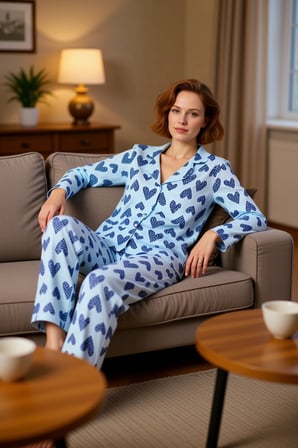 Kadın Kalpli Baskılı Gömlek Yaka Pijama Takımı Fonksiyonel Dayanıklı Kaliteli Konforlu Şık